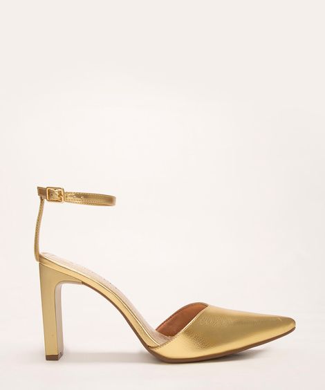 scarpin bico fino salto alto metalizado oneself ouro