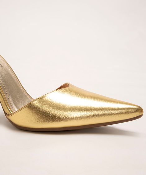 scarpin bico fino salto alto metalizado oneself ouro