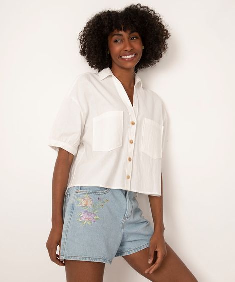 camisa cropped manga curta com bolsos off white