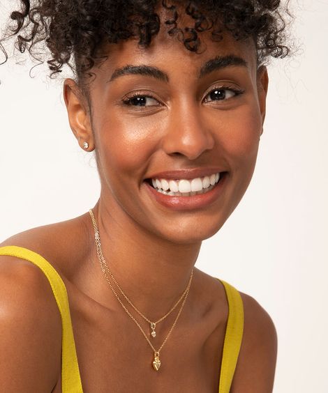 kit de brinco + colar coração e ponto de luz dourado