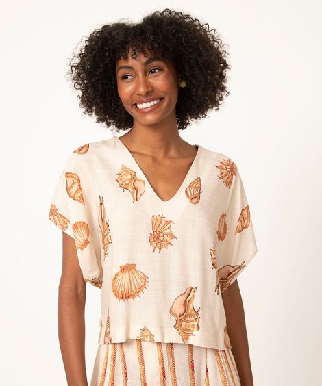 blusa de viscose manga curta conchas  off white