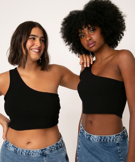 blusa canelada cropped ombro único preto