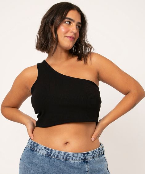 blusa canelada cropped ombro único preto