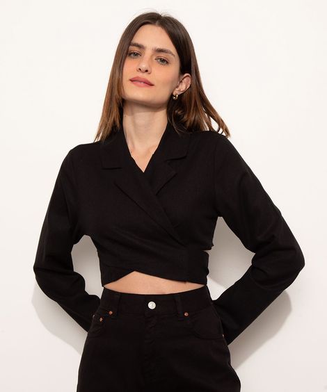 Camisa Cropped Transpassada com Amarração Manga Longa Mindset preta