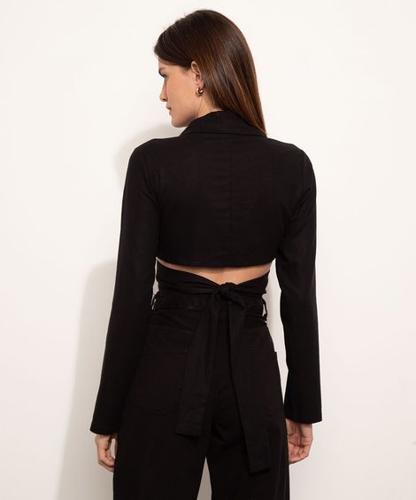 Camisa Cropped Transpassada com Amarração Manga Longa Mindset preta