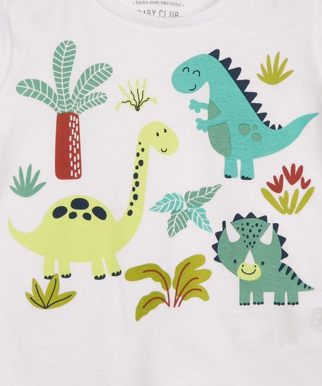 conjunto infantil de camiseta dinossauro manga curta + bermuda off white