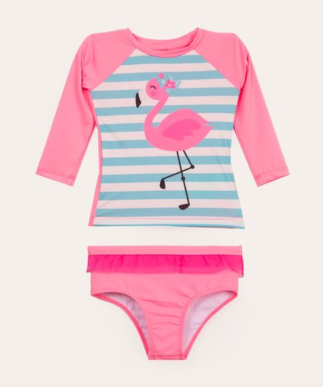 conjunto infantil de blusa de praia flamingo + calcinha com proteção UV50+ rosa