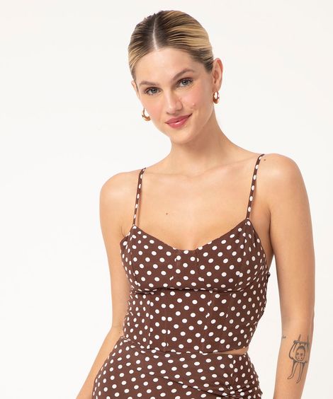 regata cropped corset poá alça fina marrom