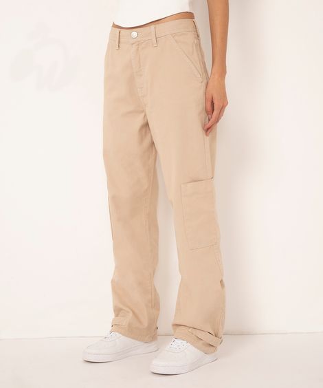 calça de sarja reta 90's cargo cintura baixa kaki