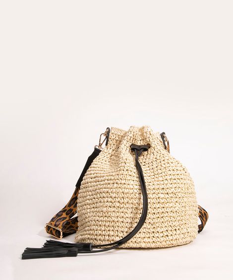 bolsa bucket palha bege claro