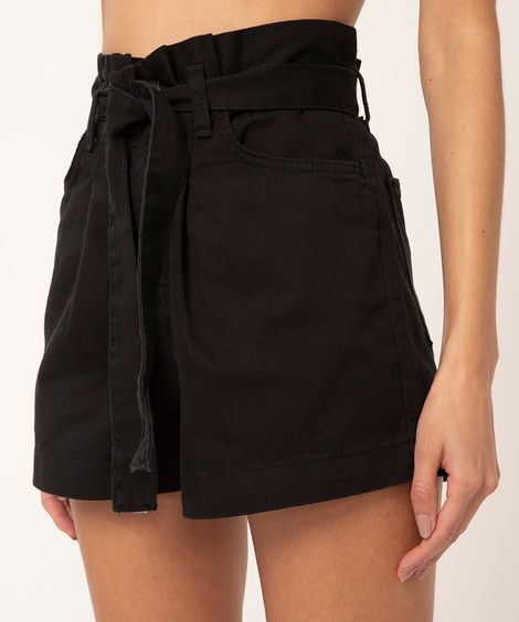 short de sarja clochard com cinto amarração cintura super alta preto
