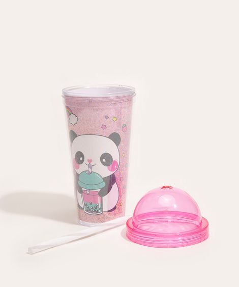 copo com tampa e canudo panda rosa