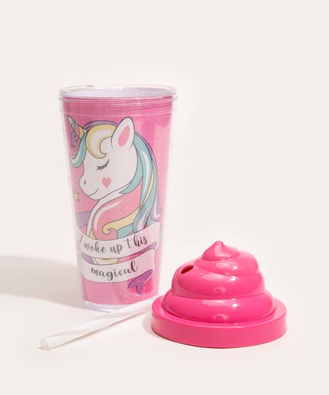 copo com tampa e canudo unicórnio rosa