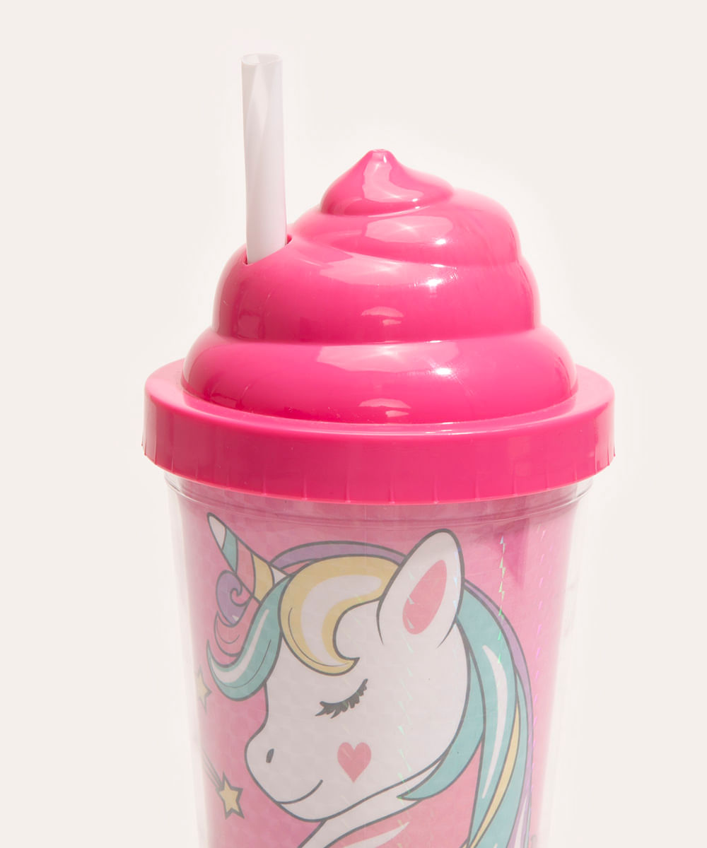 copo com tampa e canudo unicórnio rosa