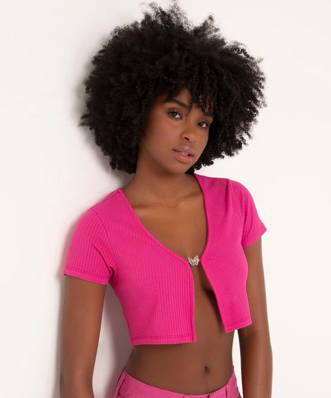 blusa canelada cropped manga curta abertura frontal borboleta pink