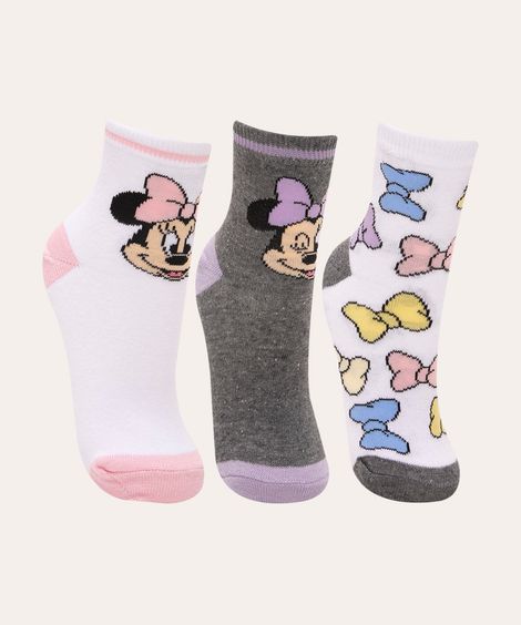 kit de 3 pares de meias cano médio minnie mouse  multicor