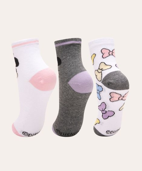 kit de 3 pares de meias cano médio minnie mouse  multicor