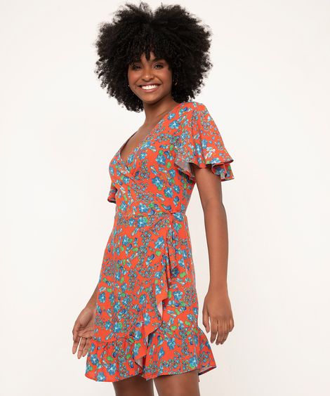 vestido curto transpassado floral manga curta vermelho