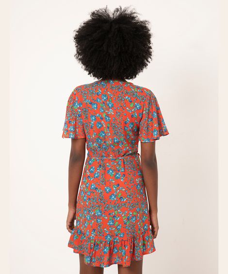 vestido curto transpassado floral manga curta vermelho