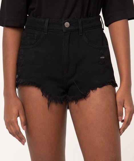 short jeans destroyed cintura super alta preto