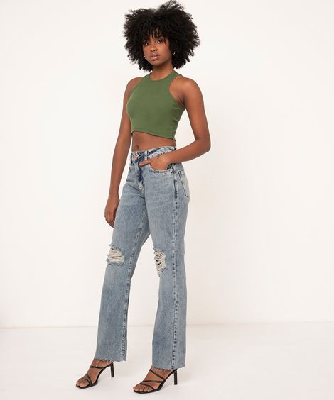 calça jeans reta 90's destroyed cintura média  azul médio