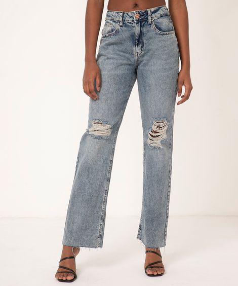 calça jeans reta 90's destroyed cintura média  azul médio