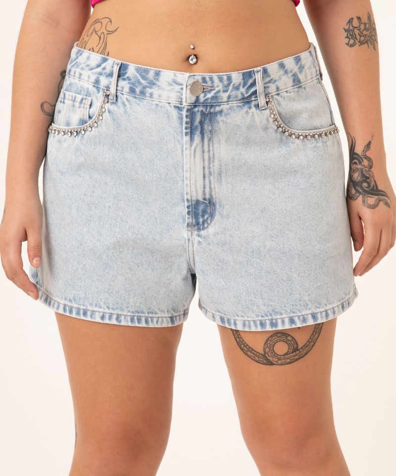 short jeans curto com strass cintura super alta duda beat azul