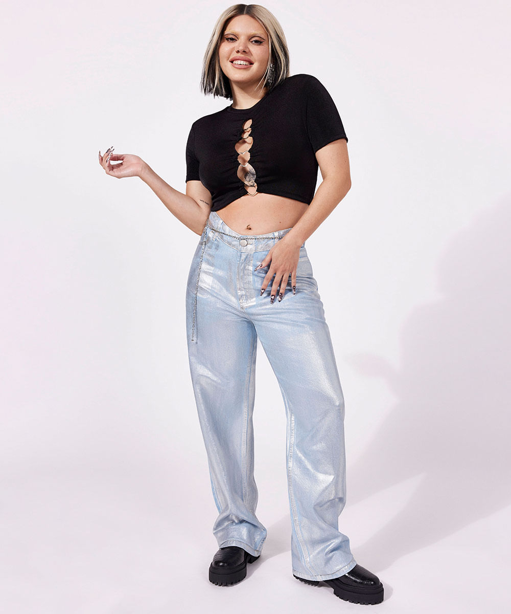 Calça jeans metalizada, da C&A