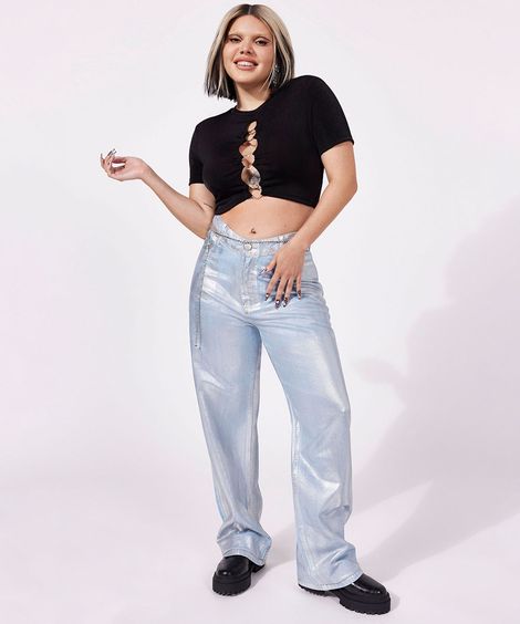 calça jeans reta metalizada cintura super alta duda beat azul claro