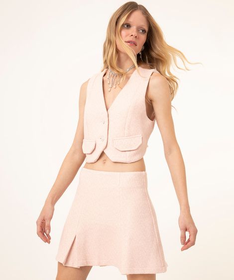 minissaia de tweed com pregas duda beat rosa
