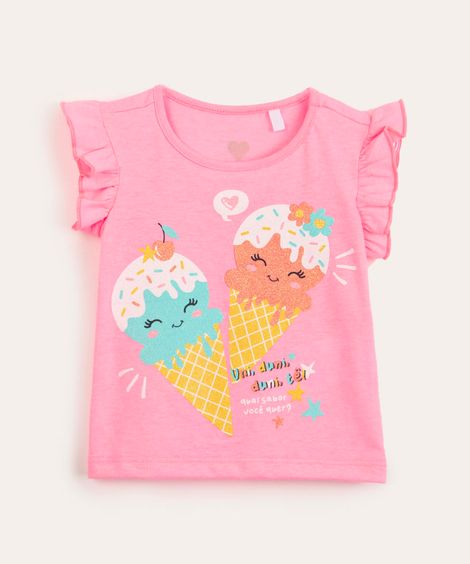 blusa infantil manga curta sorvete rosa neon