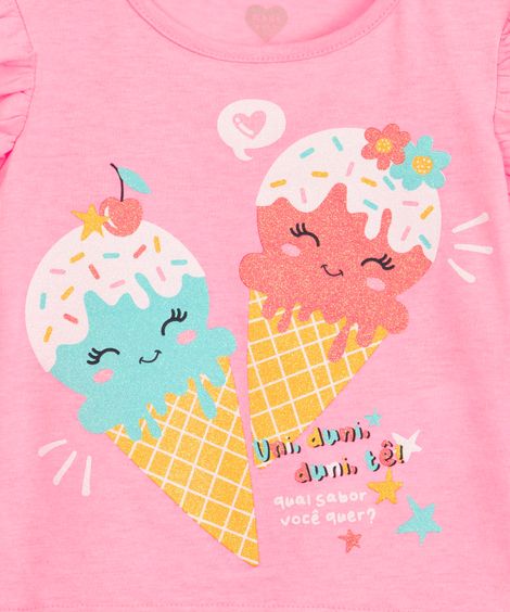 blusa infantil manga curta sorvete rosa neon