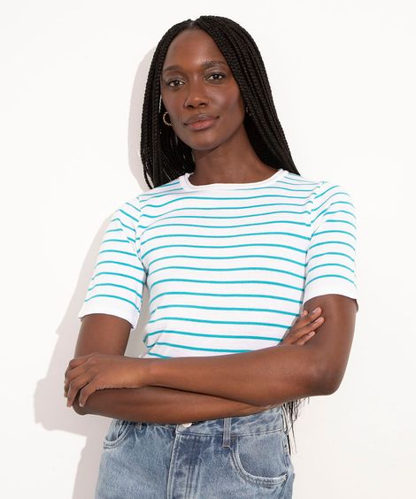 blusa de tricô listrada manga curta mindset azul
