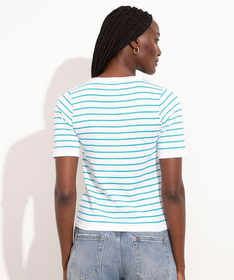 blusa de tricô listrada manga curta mindset azul