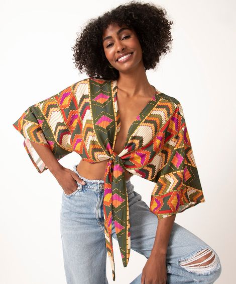blusa cropped de viscose amarração geométrica multicor