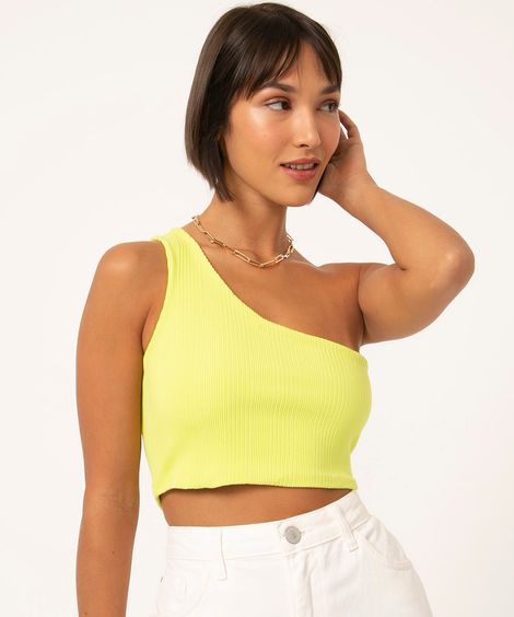 blusa canelada cropped ombro único verde lima