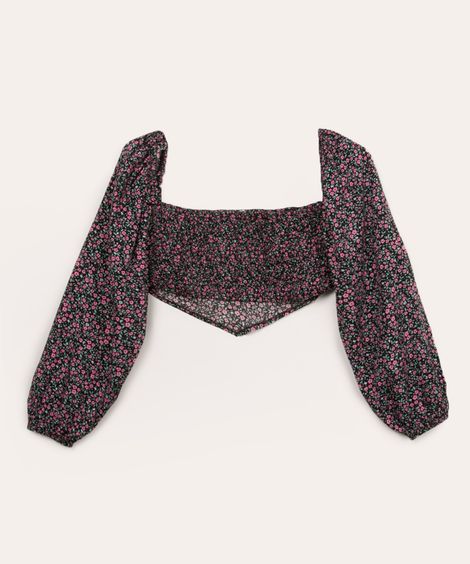 blusa juvenil cropped de viscose manga bufante multicor