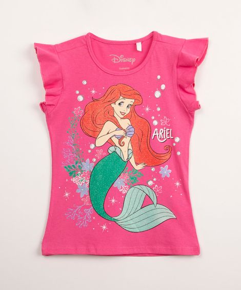 blusa infantil manga curta babados ariel glitter pink