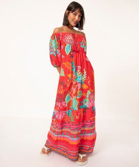 vestido de viscose ciganinha longo floral vermelho