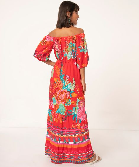 vestido de viscose ciganinha longo floral vermelho