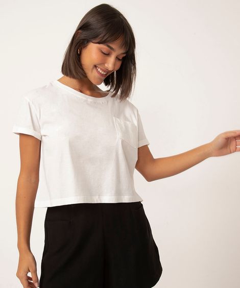 Blusa Feminina Básica Cropped com Bolso Manga Curta Decote Redondo Off White