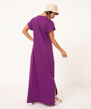 vestido de algodão longo com fenda roxo