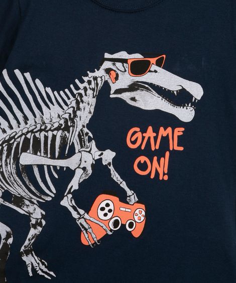 conjunto infantil de camiseta manga curta dinossauro + bermuda azul marinho