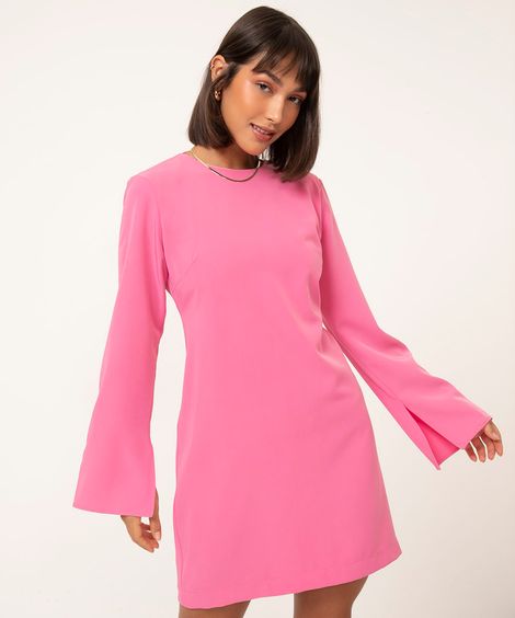 vestido curto manga sino com ombreira rosa médio