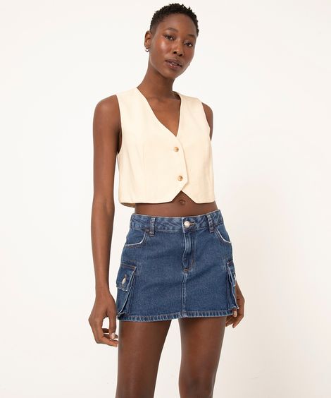 minissaia jeans cintura média cargo azul escuro