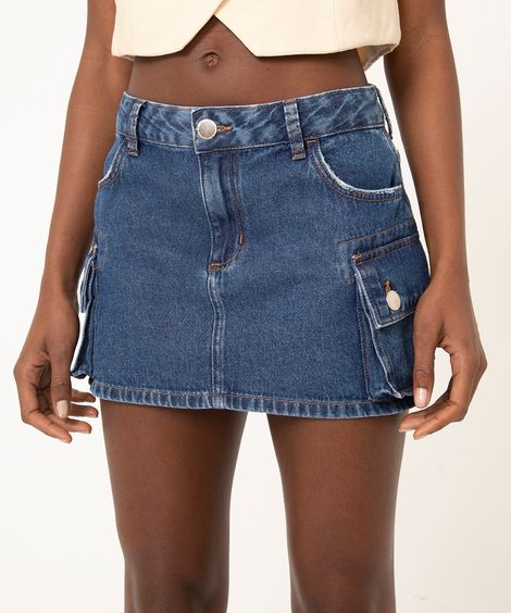 minissaia jeans cintura média cargo azul escuro