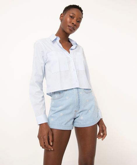 short mom jeans feminino floral azul