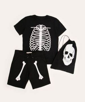 conjunto infantil manga curta esqueleto halloween + sacola preto