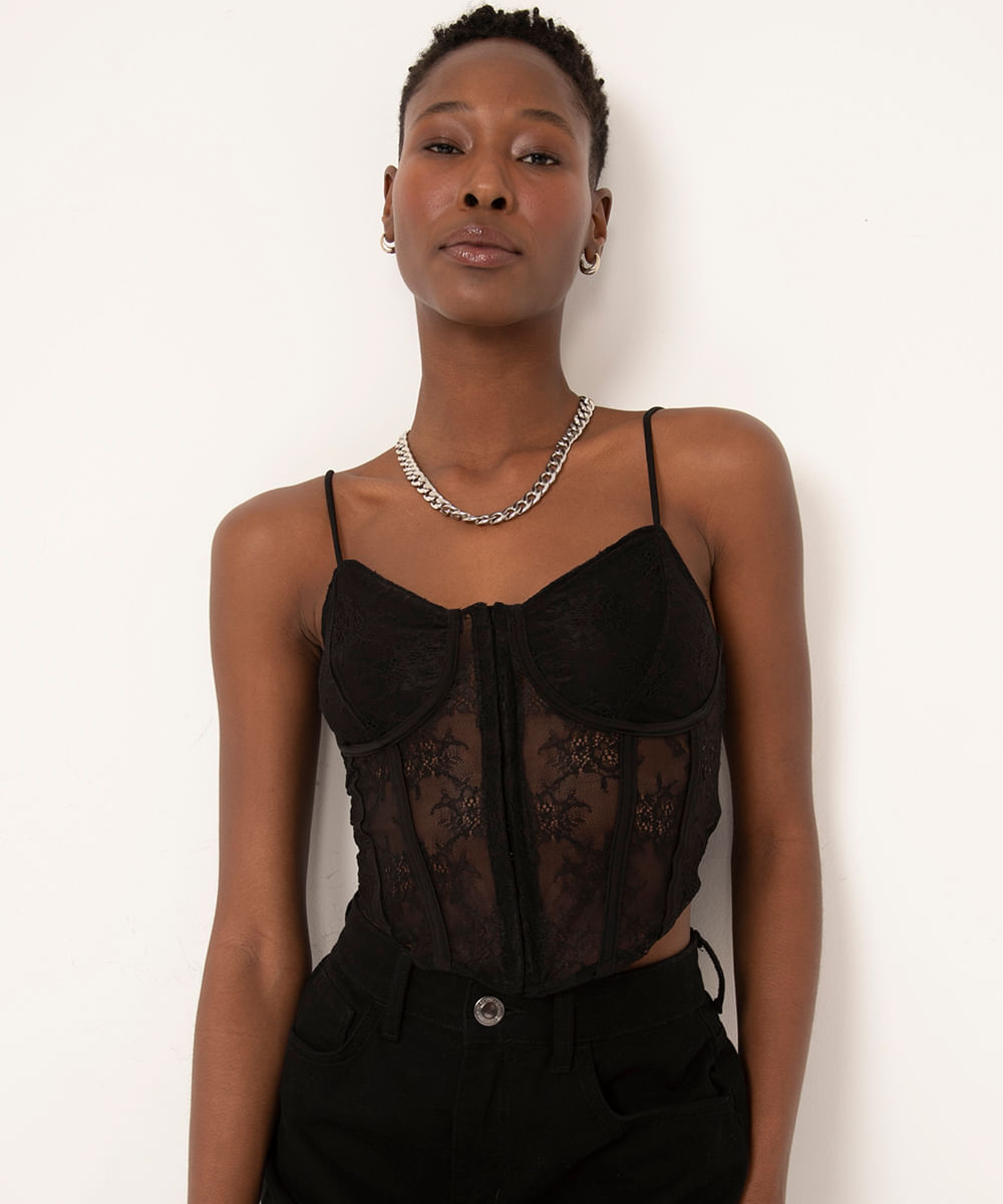 blusa corset de renda alça fina preto - Faz a Boa!