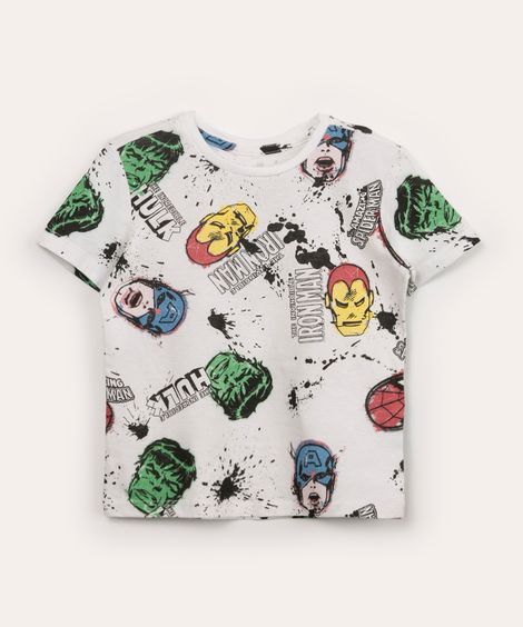 camiseta infantil manga curta heróis off white